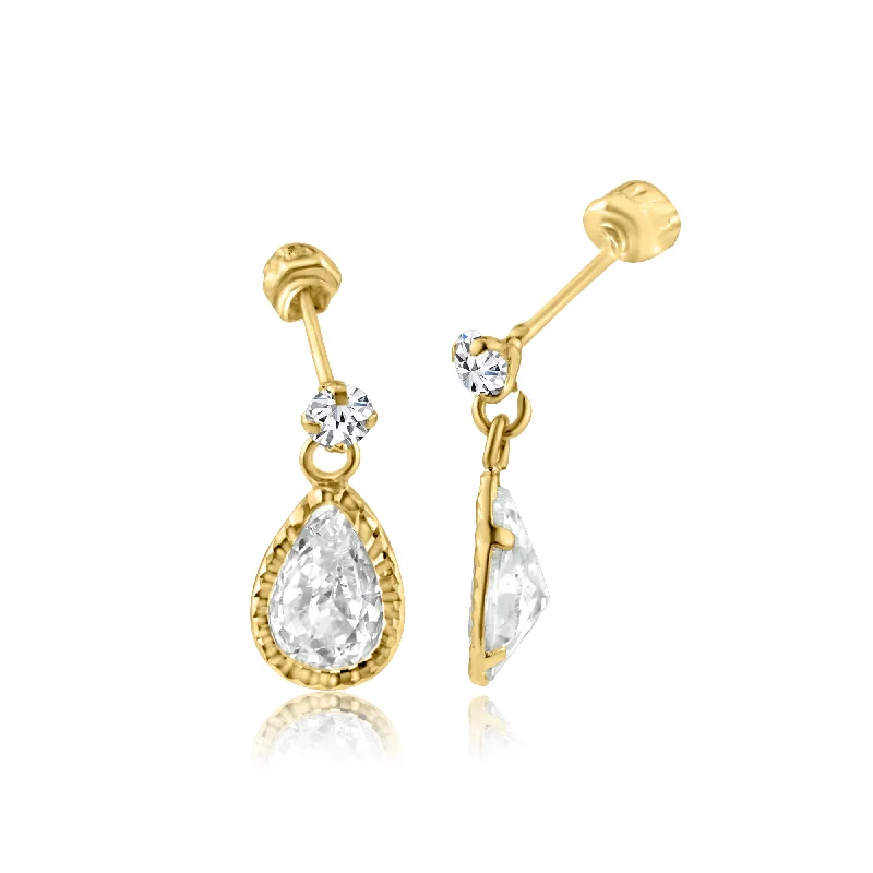 Fashionable Statement Earrings-14E00266. - 14 Karat Yellow Gold CZ Teardrop Dangling Screw Back Stud Earrings