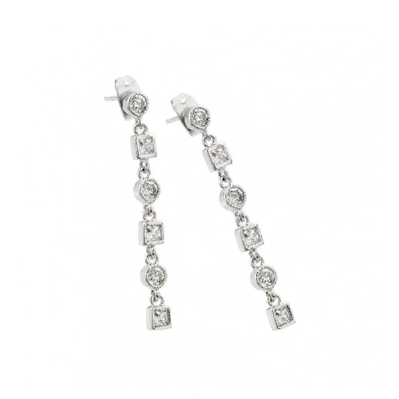 Trendy Wedding Earrings-Silver 925 Rhodium Plated Round and Square Clear CZ Dangling Stud Earrings - BGE00416