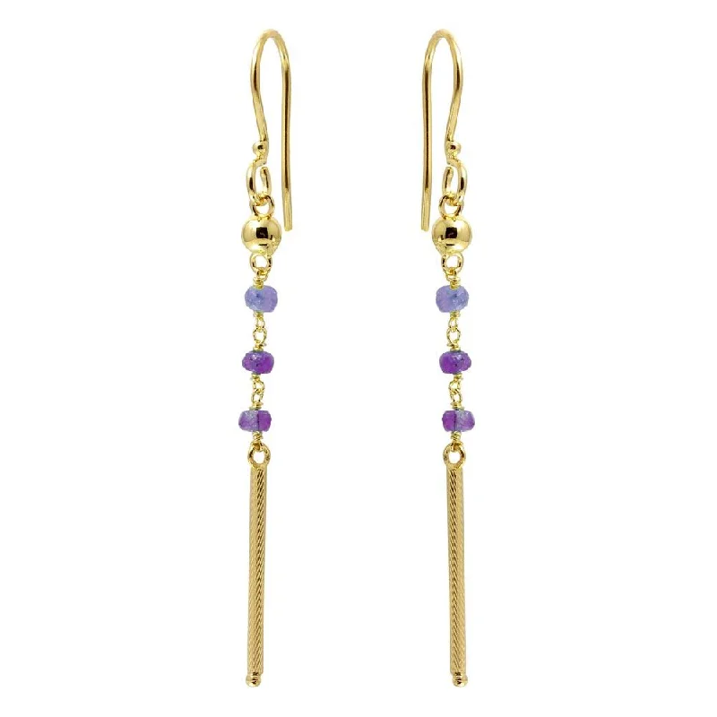 Classic Gemstone Earrings-Gold Plated 925 Sterling Silver Dangling 3 Purple Bead with Matte Gold Bar Earrings - DIE00009GP-AM