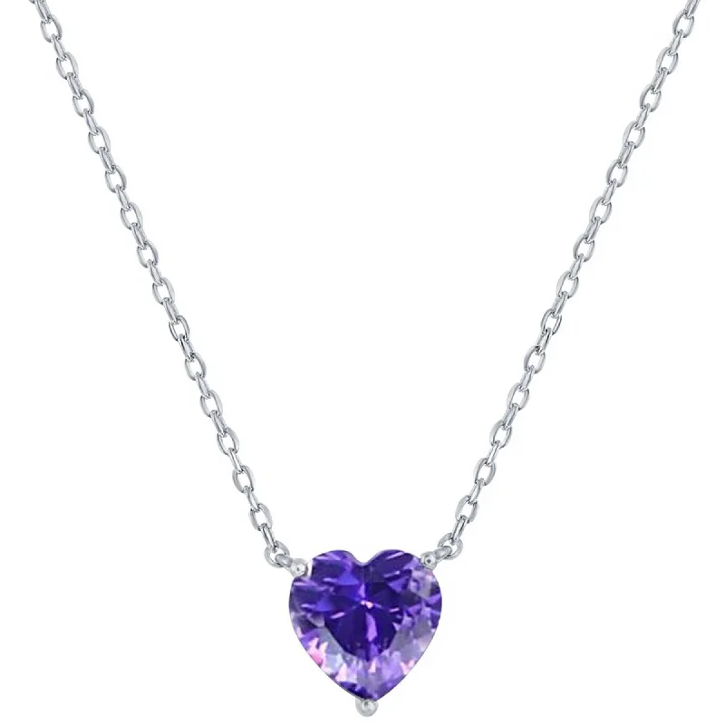 Statement Silver Necklaces-Classic Women's Necklace - Silver Amethyst February Heart Perciosa Crystal | M-7123