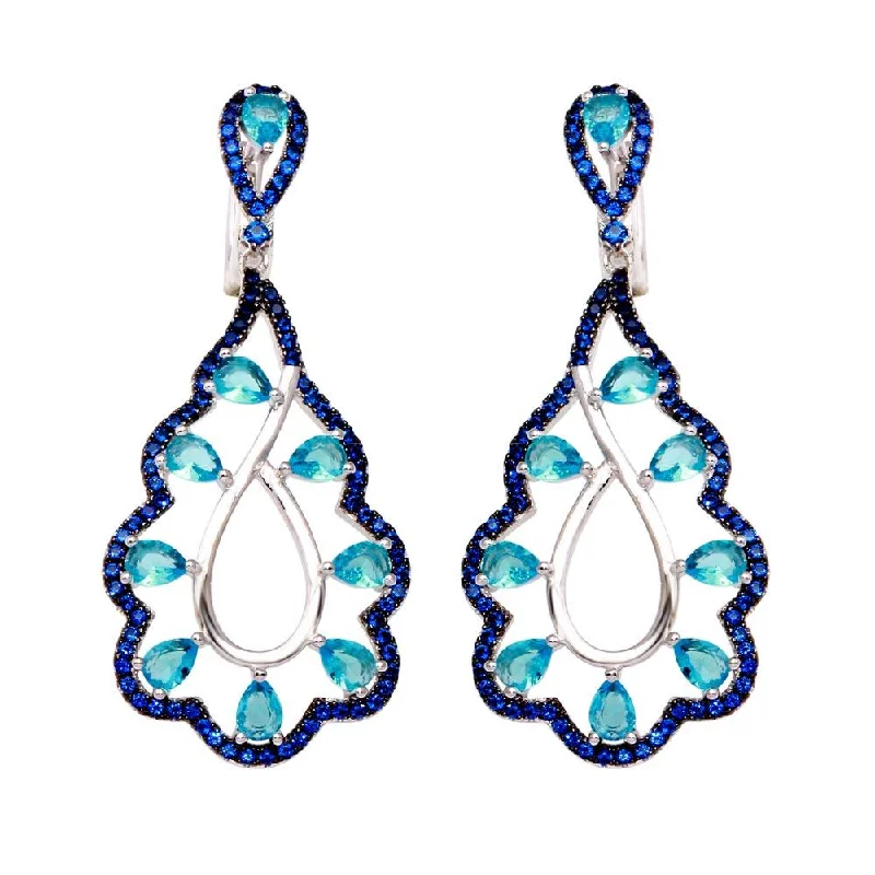 Fine Jewelry Earrings-Rhodium Plated 925 Sterling Silver Teal and Blue CZ Teardrop Earrings - BGE00582