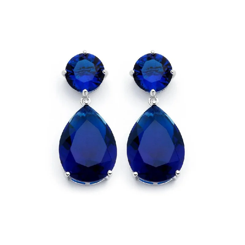 Eye-Catching Earrings-Silver 925 Rhodium Plated Round Teardrop Blue CZ Dangling Stud Earrings - BGE00858BLUE