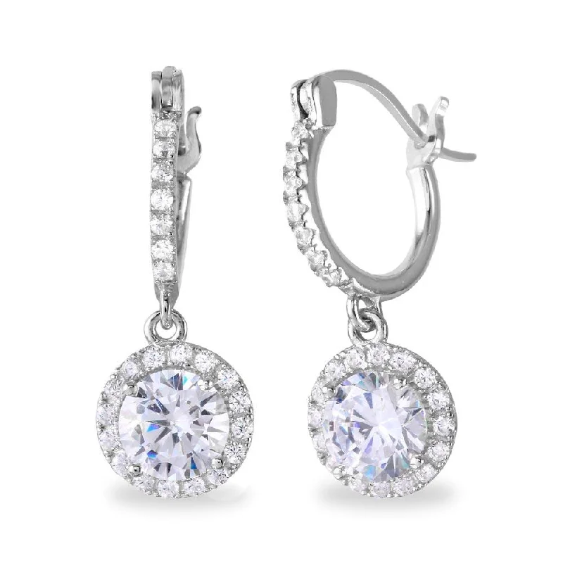 Artistic Earrings-Rhodium Plated 925 Sterling Silver Dangling Micro Pave Round CZ huggie hoop Earrings - BGE00529