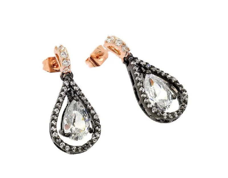 Fashionable Pearl Earrings-Clearance-Silver 925 Rose Gold and Black Rhodium Plated Teardrop CZ Dangling Stud Earrings - BGE00283