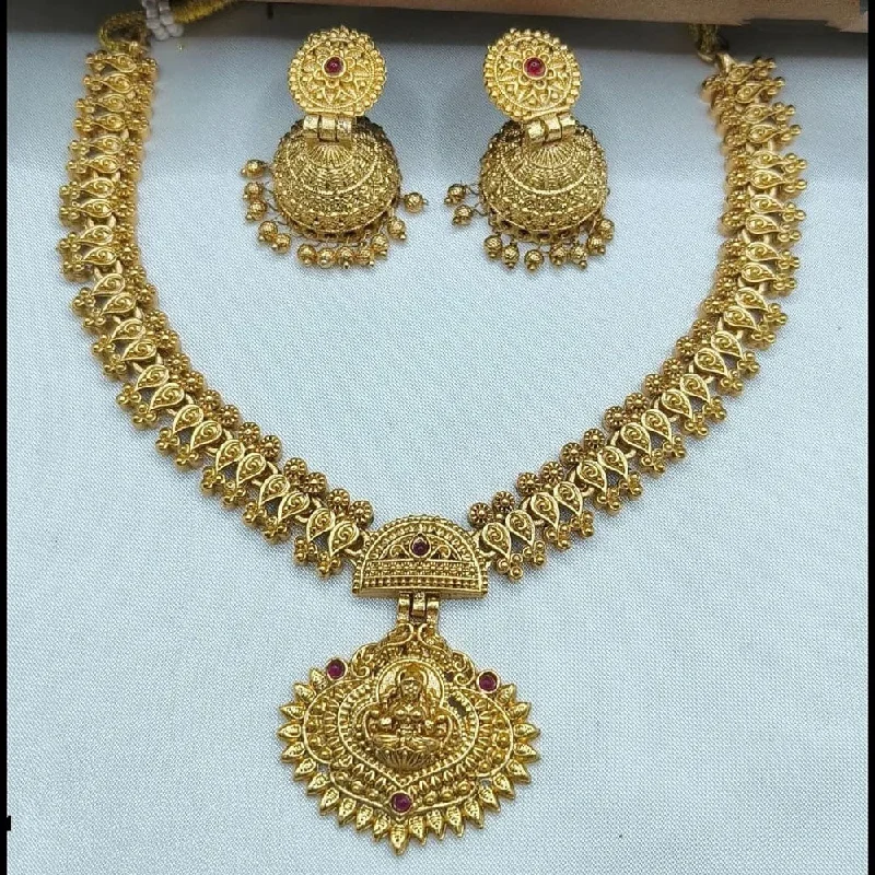 Vintage Diamond Necklaces-Joyful Jewel Art Matte Gold Plated Pota Stone  And Temple Necklace Set