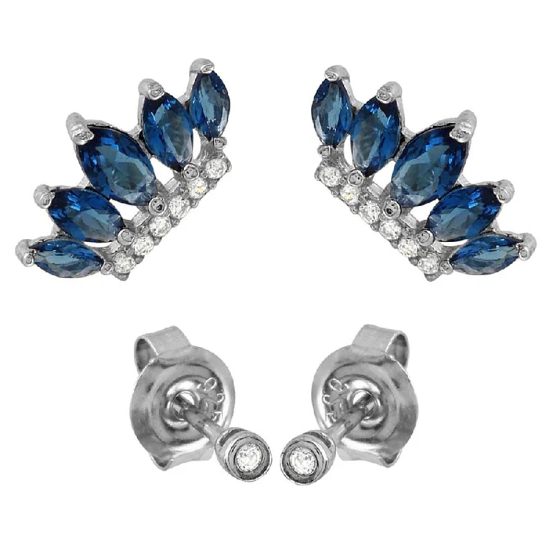 Colorful Earrings for Weddings-Rhodium Plated 925 Sterling Silver 2 CZ Studs and 2 Blue Crown Earrings - GME00085RH