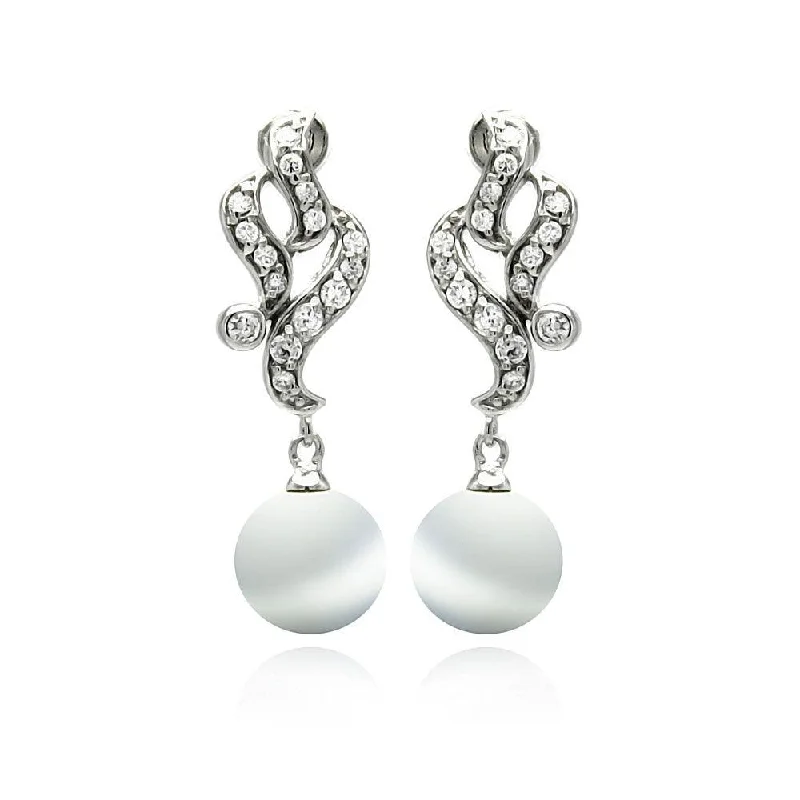 Personalized Earrings-Silver 925 Rhodium Plated Filigree CZ Dangling Synthetic Pearl Earrings - BGE00224