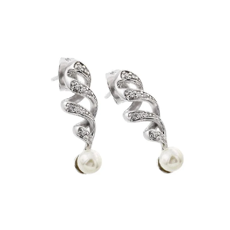 Stylish Hoop Earrings-Silver 925 Rhodium Plated Clear CZ Pearl Twist Dangling Stud Earrings - BGE00399