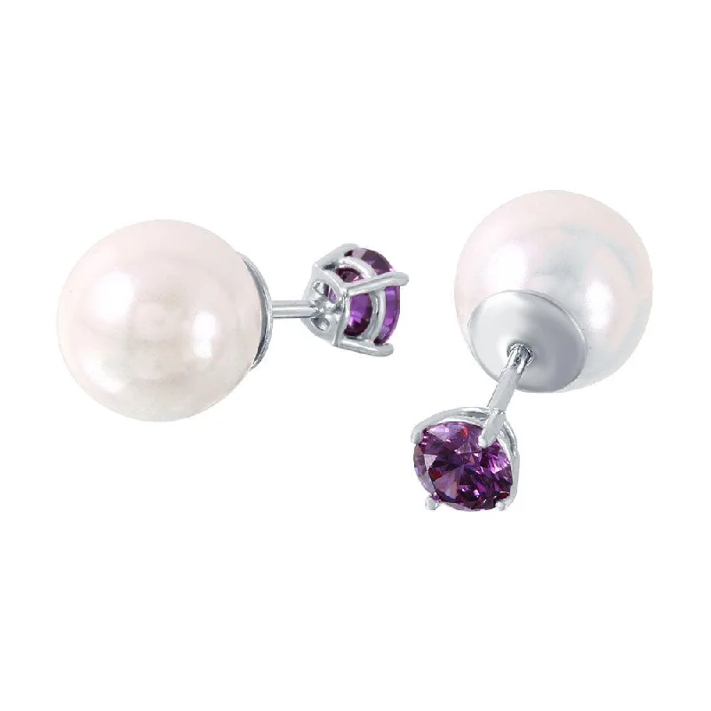 Large Silver Hoop Earrings-Rhodium Plated 925 Sterling Silver Faux Pearl Purple CZ Front and Back Earring - STE00984FEB