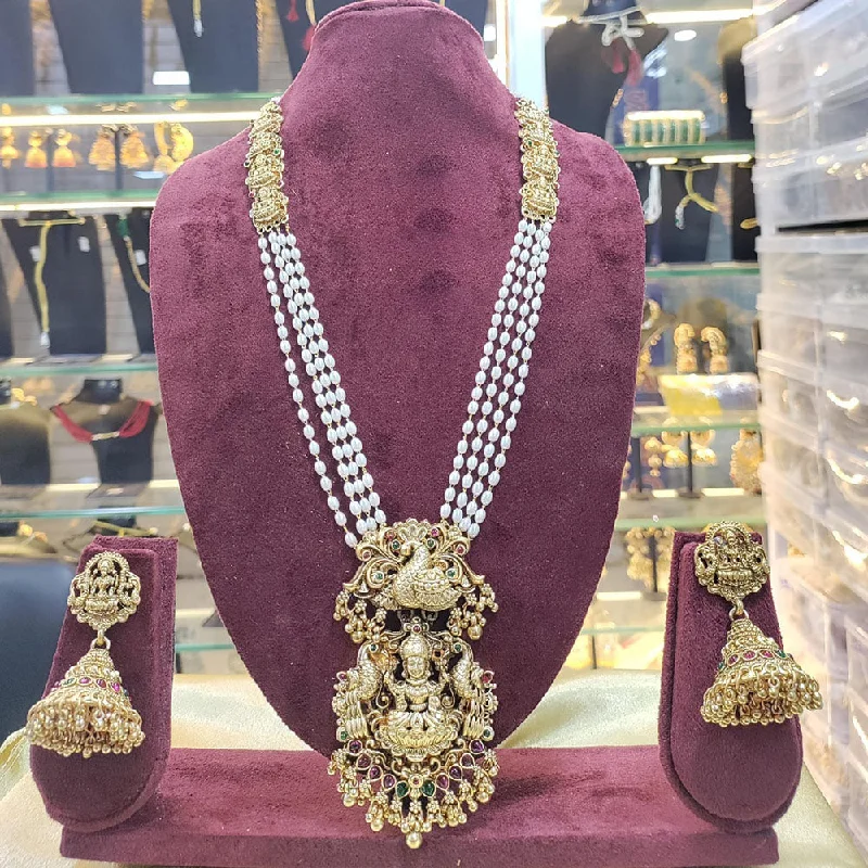 Trendy Silver Chain Necklaces-Manisha Jewellery Gold Plated Pota Stone And Pearl Temple Long Necklace Set