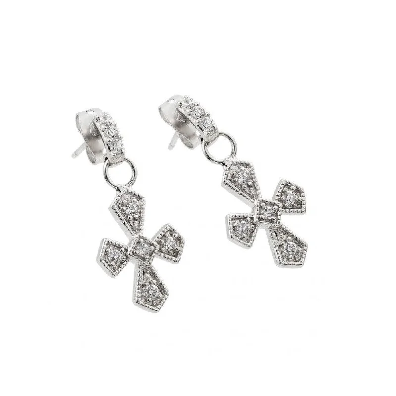 Dainty Silver Earrings-Silver Rhodium 925 Plated Cross Clear CZ Inlay Dangling Stud Earrings - BGE00201