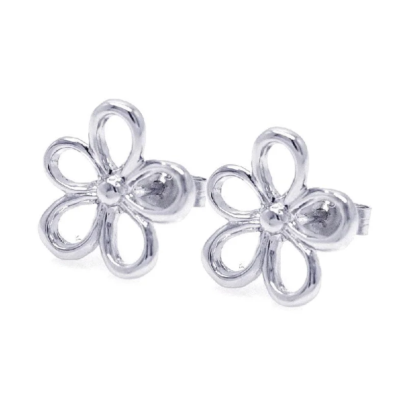 Classic Drop Earrings-Silver 925 Rhodium Plated Open Flower One Clear CZ Stud Earrings - STE00748