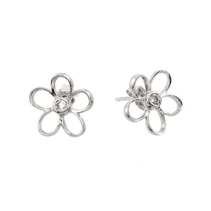 Colorful Gemstone Earrings-Silver 925 Rhodium Plated Open Flower Center CZ Stud Earrings - BGE00395