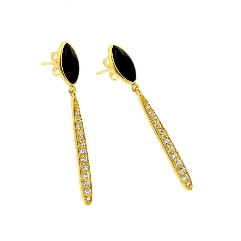 Simple Stud Earrings-Silver 925 Gold Plated Black Marquise Stretched Oval CZ Dangling Stud Earrings - BGE00400