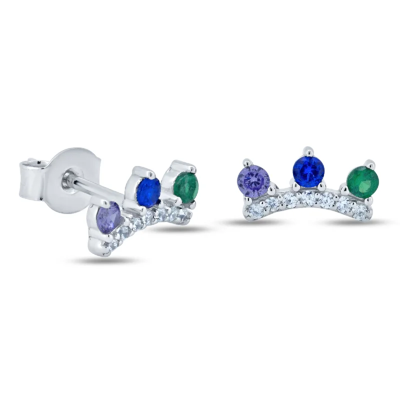 Vintage Style Earrings-Rhodium Plated 925 Sterling Silver Multi Color Crown CZ Stud Earrings - STE01363