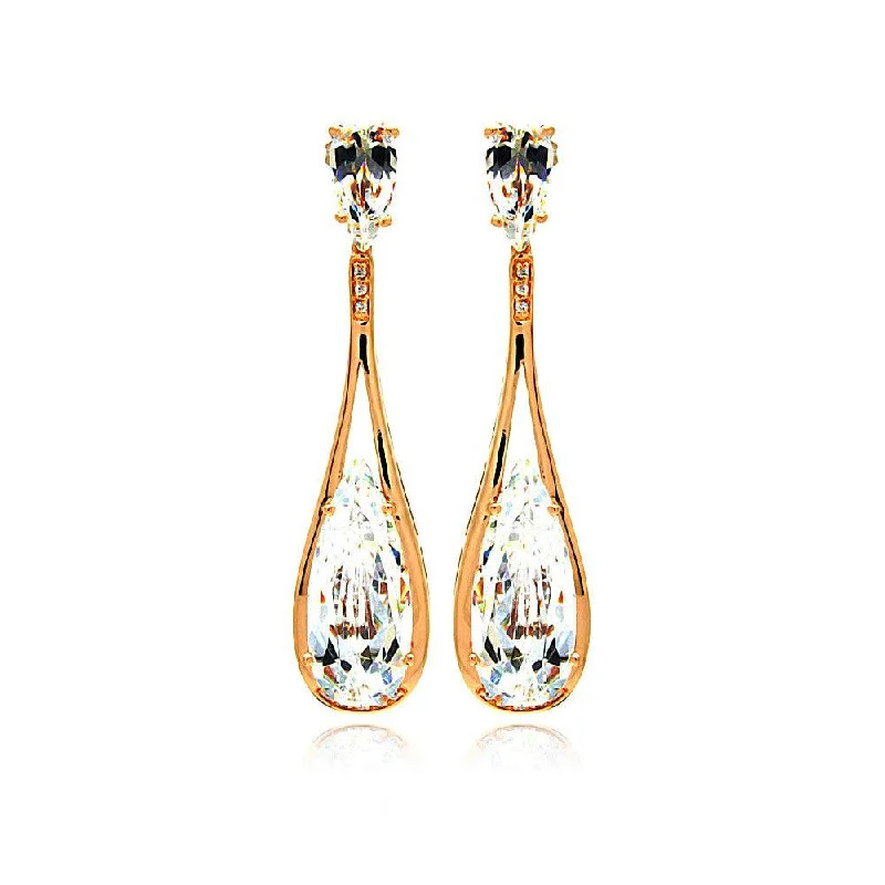 Bridal Earrings-Silver 925 Rose Gold Rhodium Plated Teardrop CZ Dangling Stud Earrings - BGE00281