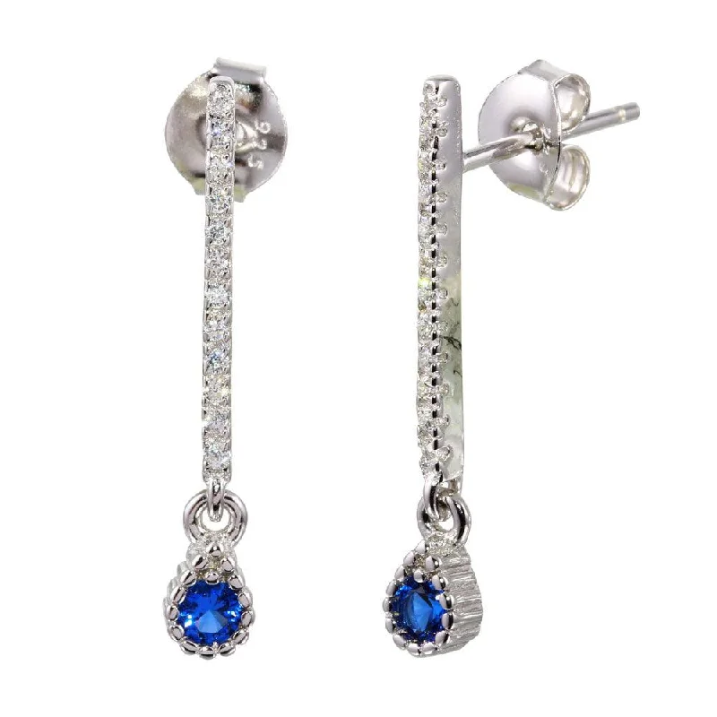 Unique Crystal Earrings-Rhodium Plated 925 Sterling Silver Blue CZ Bar Drop Earrings - BGE00557BLU