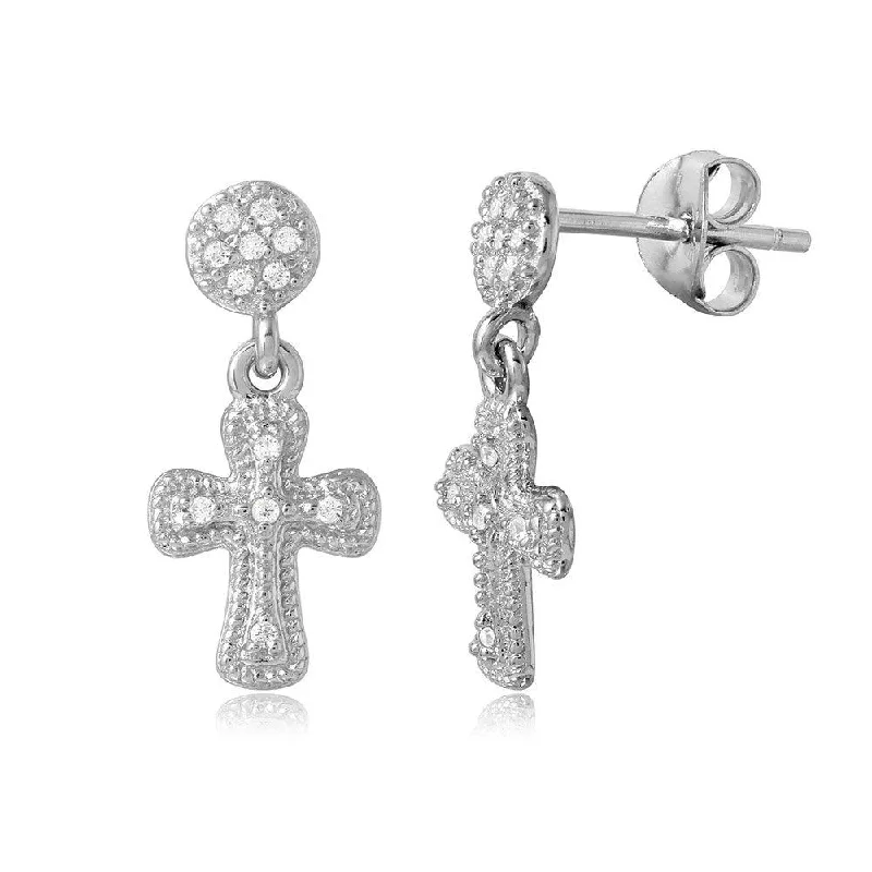 Designer Earrings-Silver 925 High Polished Hanging Cross CZ Earrings - BGE00486SP