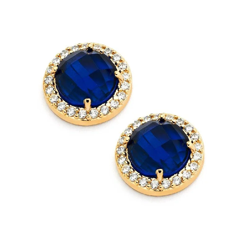 Small Hoop Earrings-Silver 925 Gold Plated Blue Center Clear Outline CZ Stud Earrings - BGE00360B