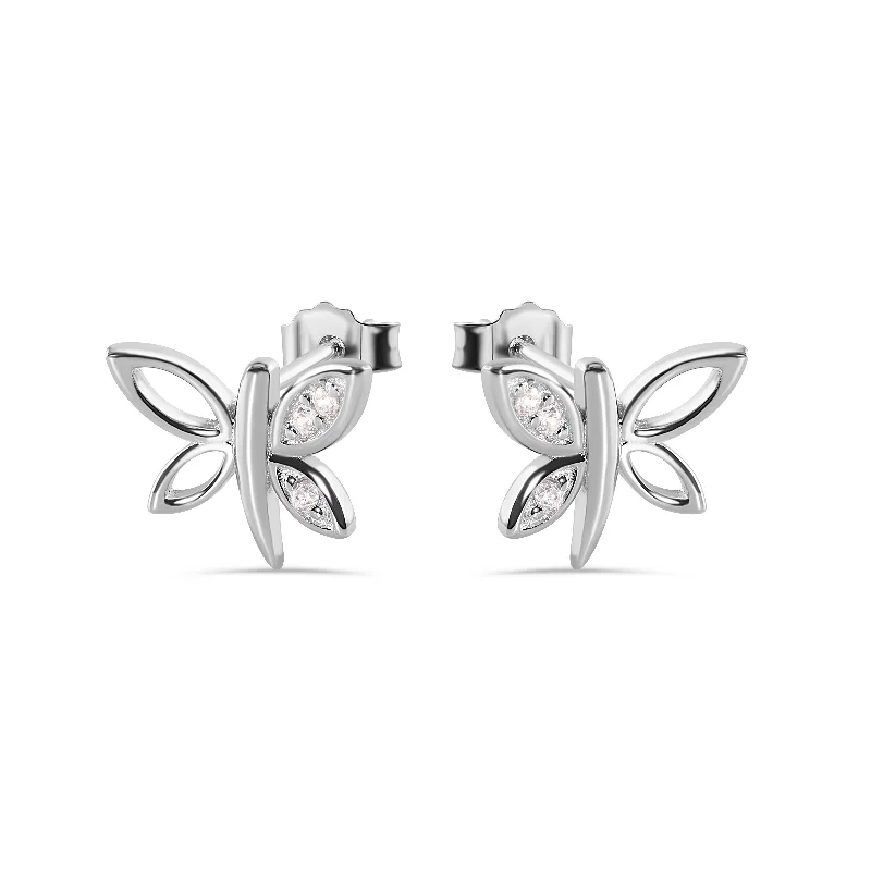 Personalized Earrings-Silver 925 Rhodium Plated Dragonfly Butterfly CZ Stud Earrings - STE00457