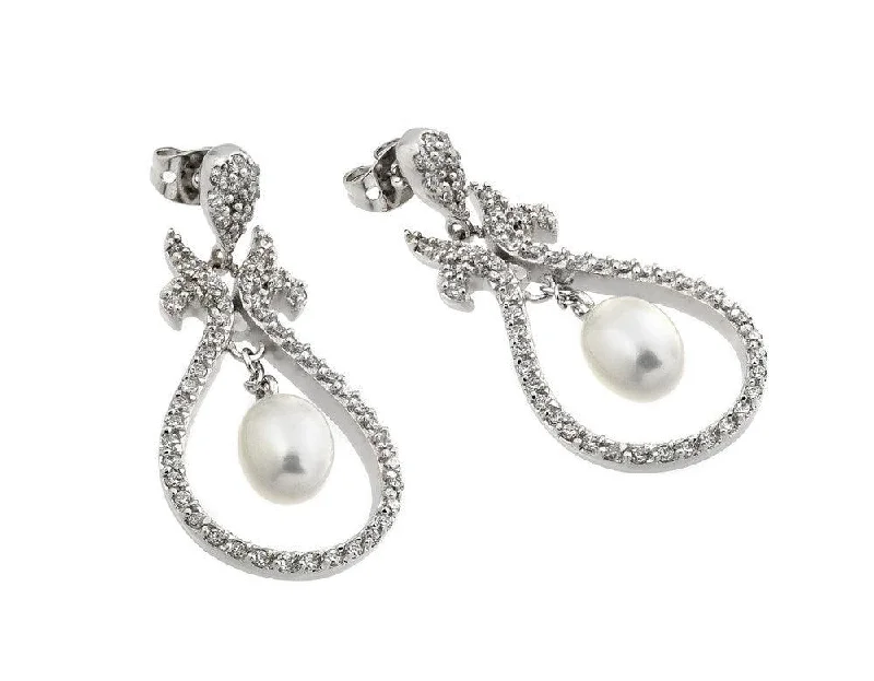 Bridal Earrings for Weddings-Silver 925 Rhodium Plated Teardrop CZ Fresh Water Pearl Dangling Earrings - BGE00288