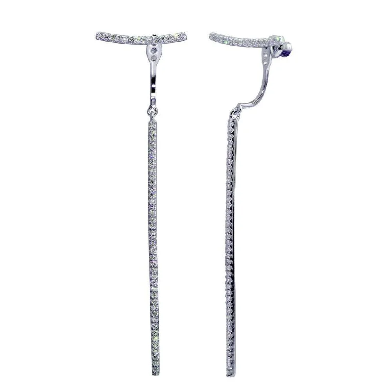 Custom Wedding Earrings-Rhodium Plated 925 Sterling Silver Dangling Bar Earrings with CZ - BGE00597