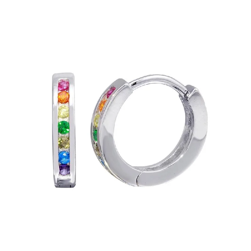 Vibrant Drop Earrings-Rhodium Plated 925 Sterling Silver Rainbow Multi CZ huggie hoop Earrings 13.1mm - STE01209