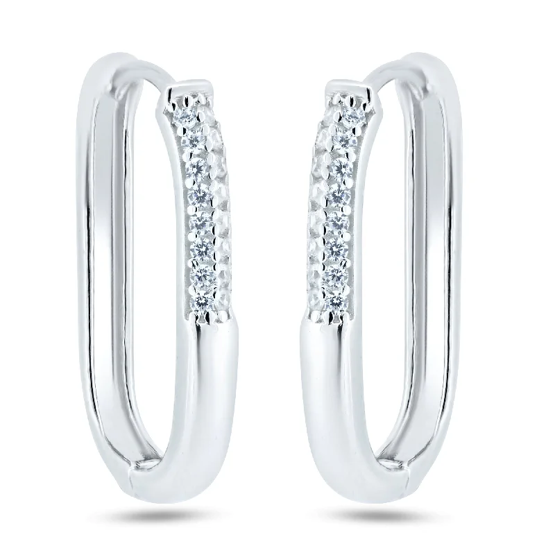 Handmade Earrings-Rhodium Plated 925 Sterling Silver CZ Oval Hoop Earrings - GME00124