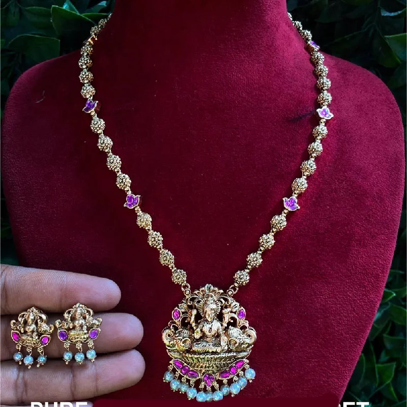 Trendy Personalized Necklaces-Royal Kundan Jewellery Gold Plated Pota Stone And Pearls Temple Necklace Set