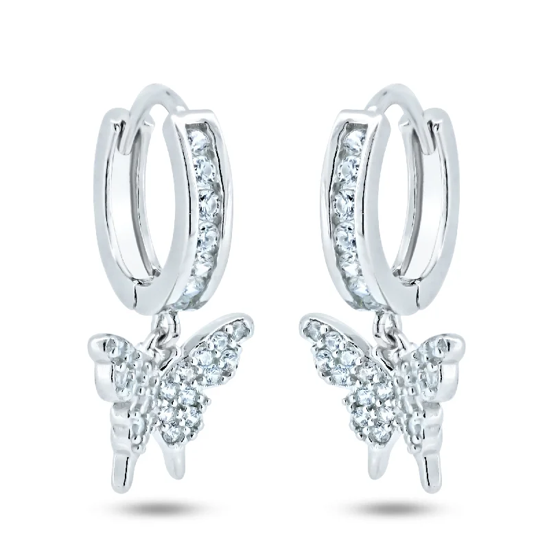 Elegant Wedding Earrings-Sterling Silver Rhodium Plated Dangling Butterfly Huggie Earrings - GME00152