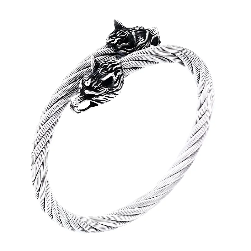 Custom Wedding Bangle Bracelets-Stainless Steel Wolf Wire Bangle