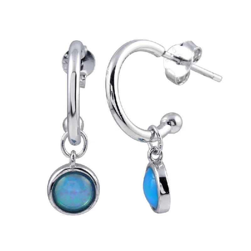 Gemstone Earrings for Weddings-Rhodium Plated 925 Sterling Silver Semi Hoop Dangling Blue Opal Earring - STE01223BLUE