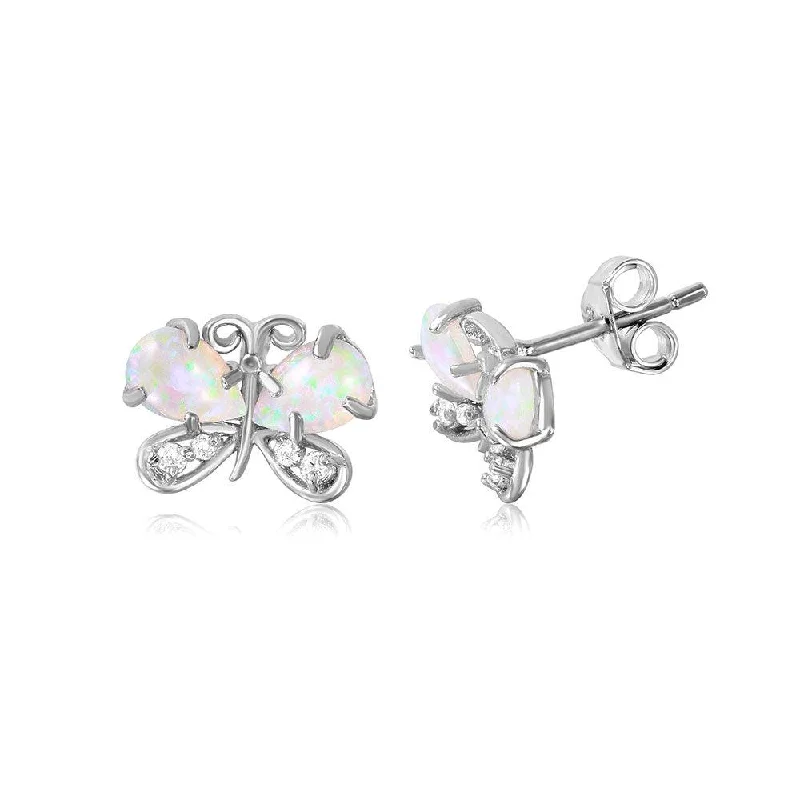 Gold Stud Earrings-Silver 925 Rhodium Plated Butterfly CZ And Synthetic Opal Stud Earrings - STE01037