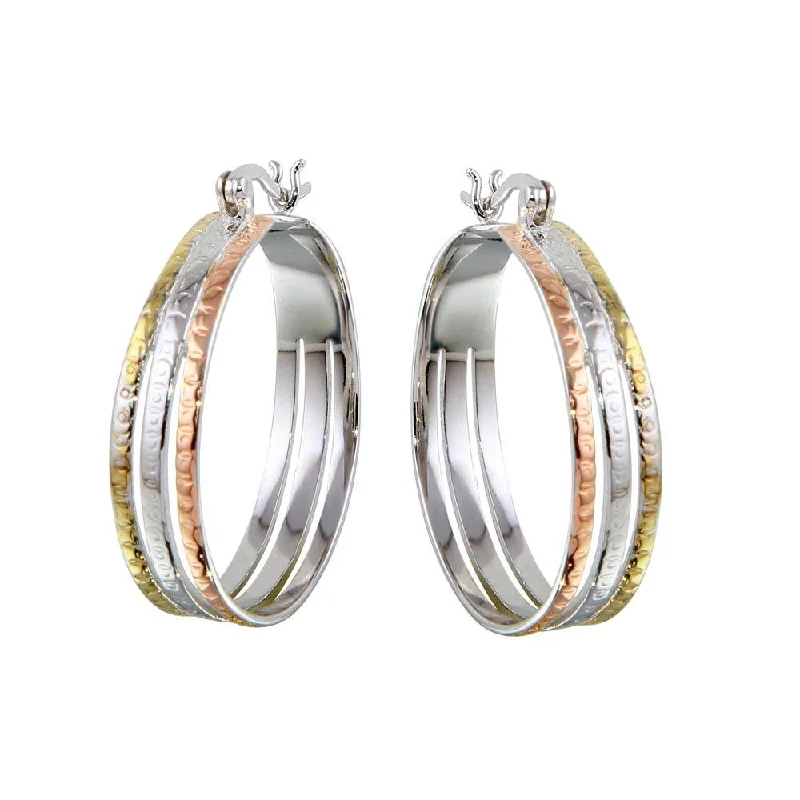 Long Silver Earrings-Three-Tone 925 Sterling Silver 3 Hoop Earrings - STE00446