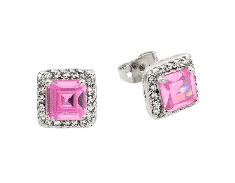 Bohemian Style Earrings-Silver 925 Rhodium Plated Pink Square CZ Stud Earrings - BGE00359PK