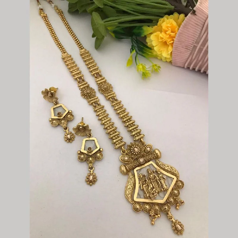 Sparkling Diamond Pendant Necklaces-FS Collection Gold Plated Pota Stone Temple Long Necklace Set