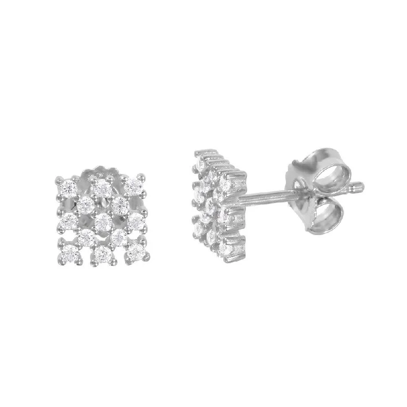 Silver and Gold Earrings-Silver 925 Rhodium Plated Small Square Checkered CZ Stud Earrings - ACE00078RH