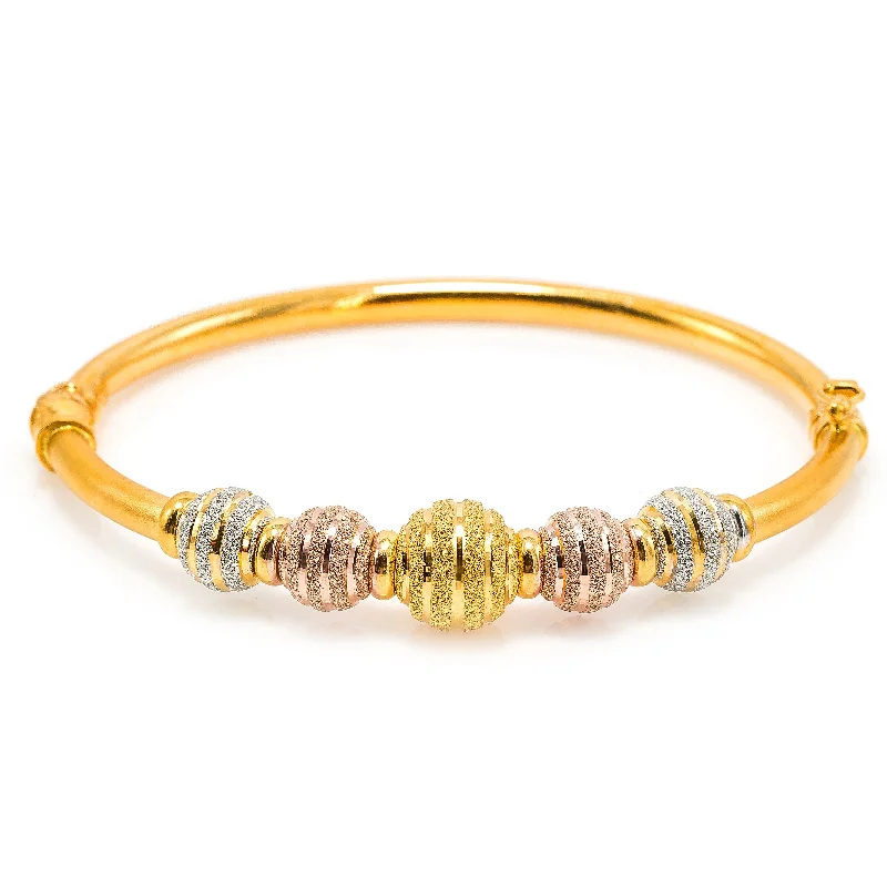 Charm Bangles-22K Multi Tone Gold Bangle W/ Rose, Yellow & White Gold Glass Blast Details on 5 Accent Balls