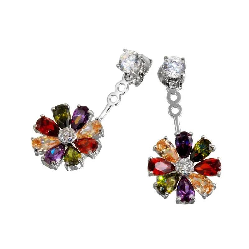 Gorgeous Pearl Earrings-Rhodium Plated 925 Sterling Silver Multi Color Sunflower Hanging Front and Back Earrings - BGE00553