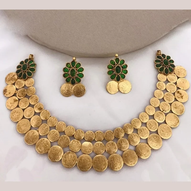 Classic Chain Necklaces-Lucentarts Jewellery Gold Plated Pota Stone And Temple Necklace Set