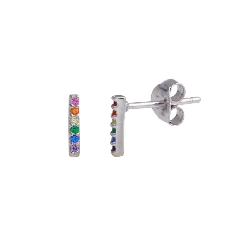 Luxury Diamond Stud Earrings-Rhodium Plated 925 Sterling Silver Stud Bar Earrings with Multi-Colored CZ - BGE00610