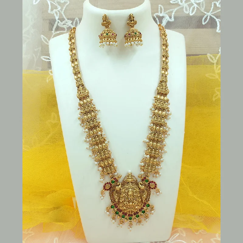 Trendy Chain Necklaces-Joyful Jewel Art Matte Gold Plated Pota Stone Temple Long Necklace Set