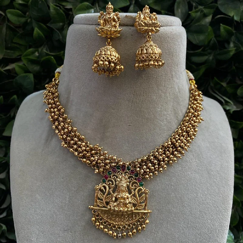 Long Silver Necklaces-Royal Kundan Jewellery Gold Plated Pota Stone Temple Necklace Set