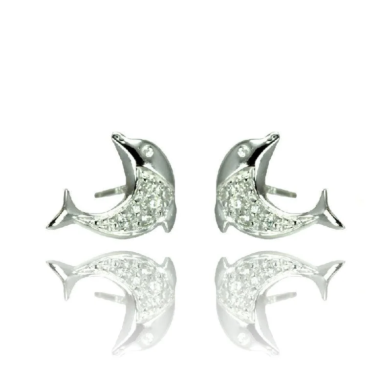 Classic Gold Earrings-Silver 925 Rhodium Plated Dolphin CZ Stud Earrings - STE00905