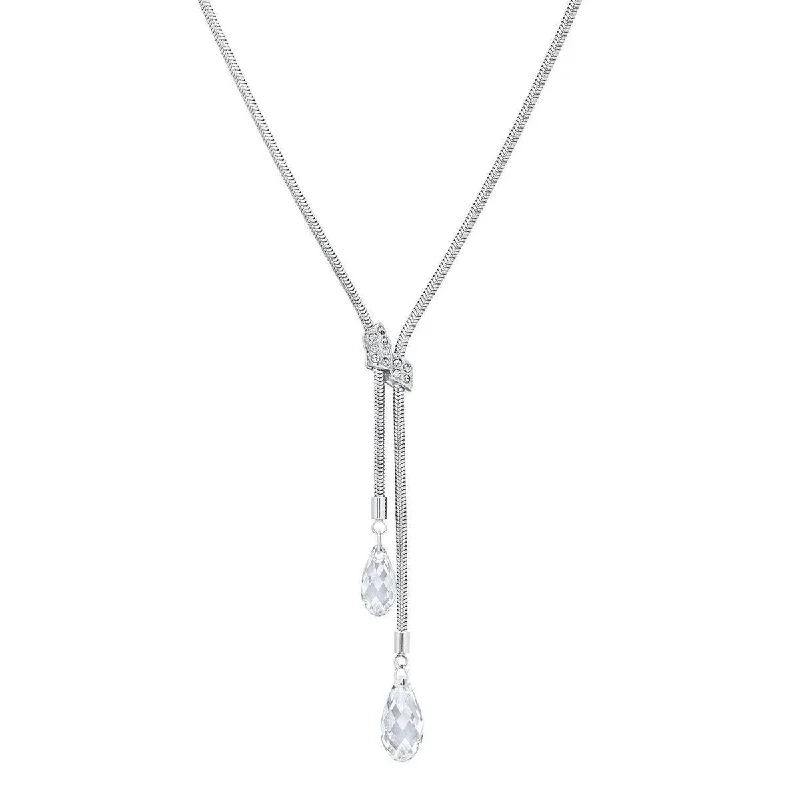 Wedding Gold Necklaces-Swarovski Women's Gillian Rhodium-Plated Y-Shaped Clear Crystal Necklace, 15-3/4" Length | 678189