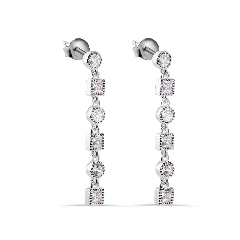 Vintage Pearl Earrings-Rhodium Plated 925 Sterling Silver Round and Square Dangling Clear CZ Stud Earrings - BGE00416SP