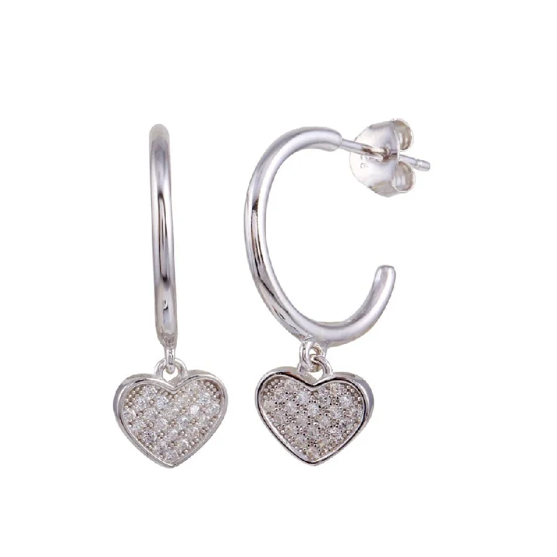 Premium Silver Earrings-Rhodium Plated 925 Sterling Silver Semi Hoop CZ Heart Shaped Earrings - BGE00636