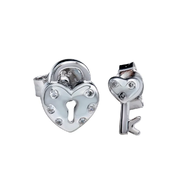 Trendy Silver Earrings-Rhodium Plated 925 Sterling Silver Heart Padlock Stud Earrings - STE01158RH