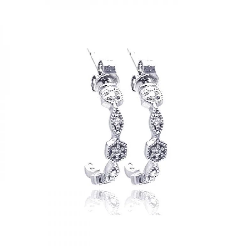 Fashion Earrings for Teens-Silver 925 Rhodium Plated Round Marquis Clear CZ Semi Hoop Earrings - STE00754