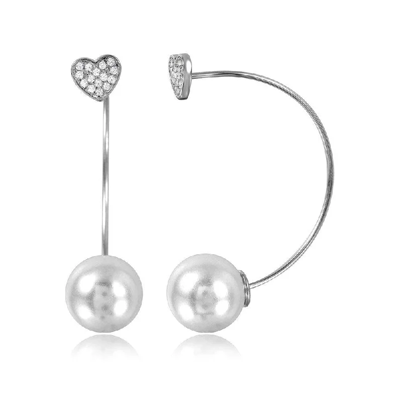 Wedding Jewelry Earrings-Silver 925 Rhodium Plated Heart Earring with Hangings Synthetic Pearl - STE01049